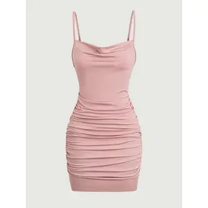 Women'sSummerStretchyKnitBodyconMiniDresswithAdjustableSpaghettiStraps,ElegantRuchedCowlNeckline,andHighElasticityFabric-Pink,SummerFashionDress|ElegantBodyconDress|RuchedDetailing