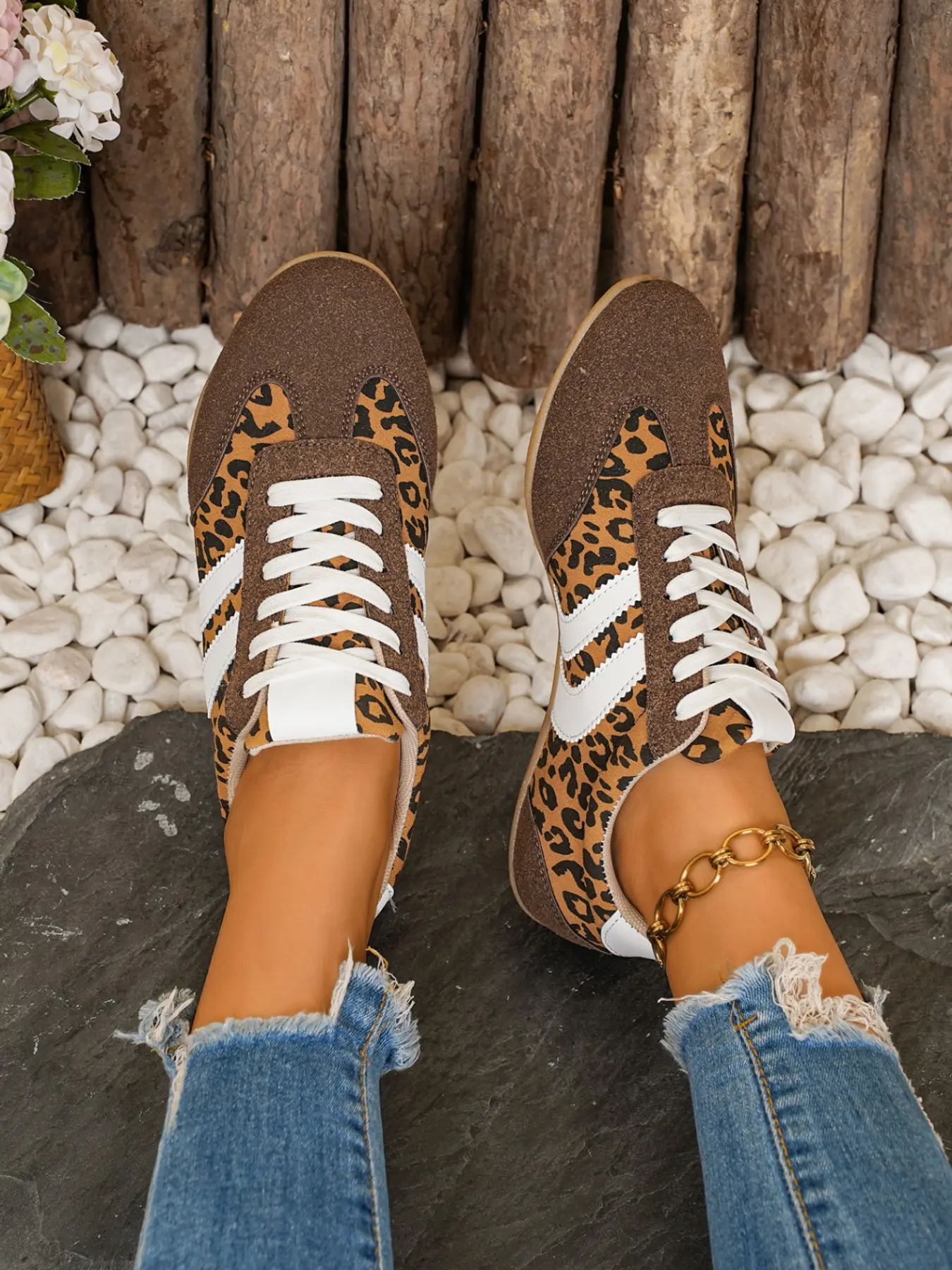 Women's Classic Casual Flat Shoes, Round Toe, Breathable Anti-Slip, Leopard Print Laces, Comfortable Walking Shoes, Low Top, Sneaker