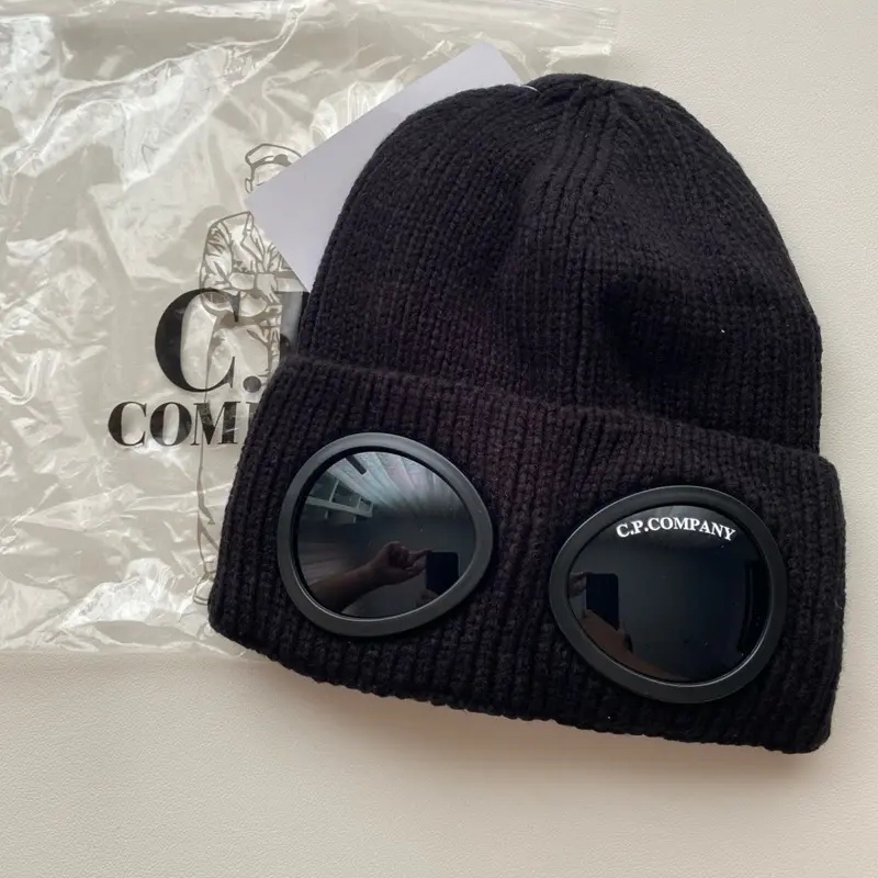 C.P. COMPANY Black Beanie with Goggles - Stylish Knit Hat for Winter Fashion