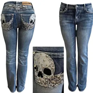 Skull McBling Bootcut Jean Stretch plus Denim Streetwear Biker rock Casual Comfort Crystal Retro Bottom Embroidered Fashion Spandex Womenswear bootcut