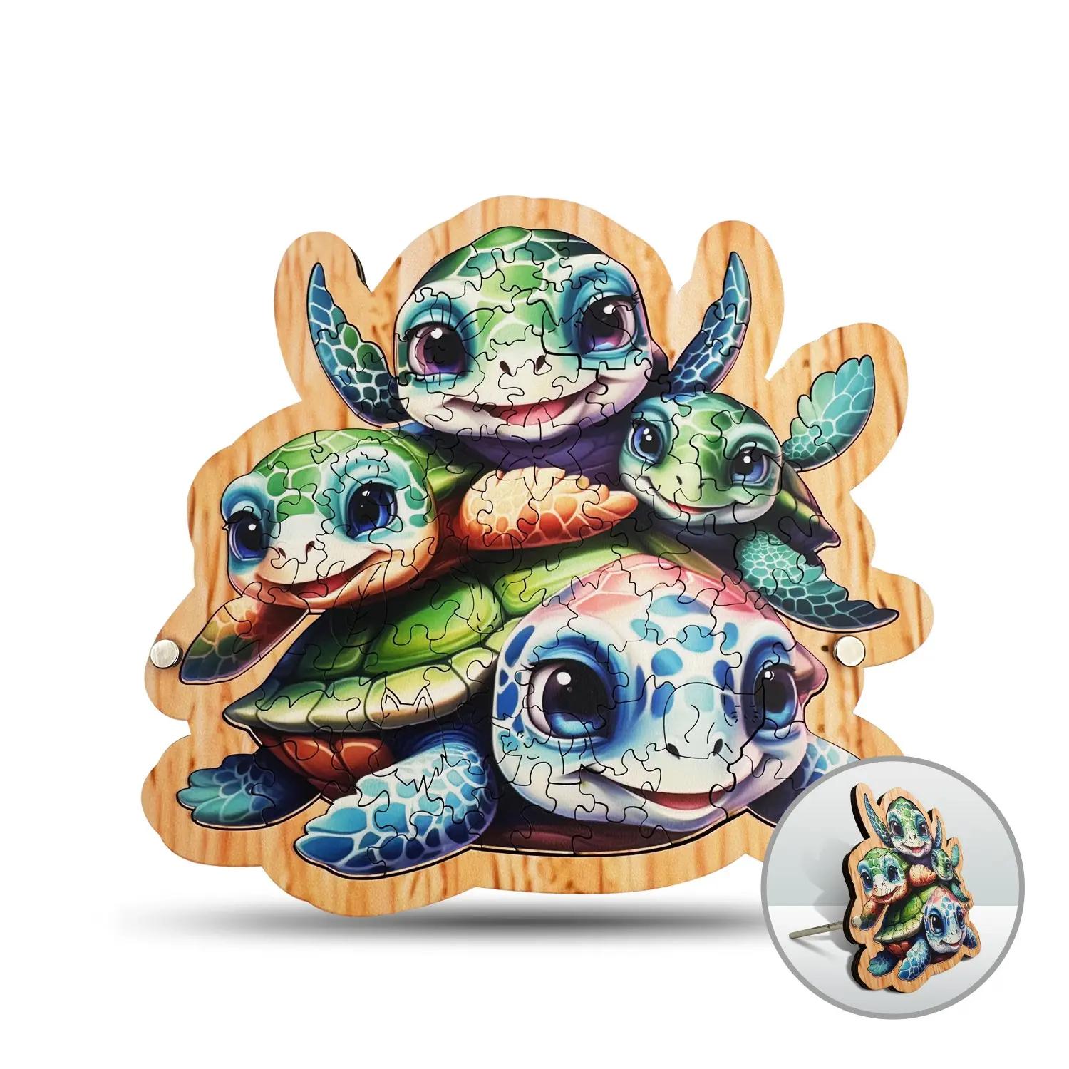 91 Pieces Four Turtles Wooden Puzzle for Adults with Baseplate, Unique Shape Wooden Jigsaw Puzzles, Modern Art Home Decor, Good Gift Idea