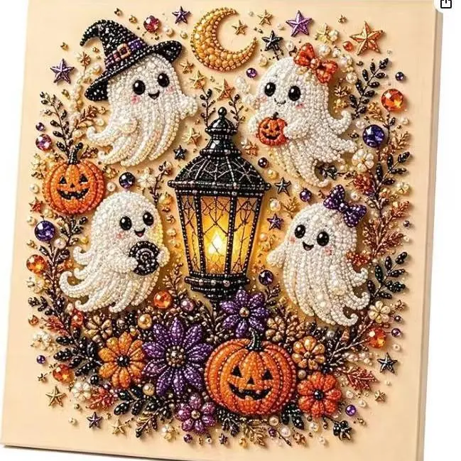 Halloween Ghost Pearl Art DIY Kit, Spooky Cute 3D Diamond Painting Crafts for Adults, DIY Fall Home Decor Wall Art, Beginner DIY Seasonal Party Gift
