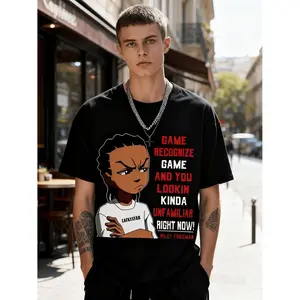Men's Oversized Anime Graphic T-Shirt - Game-Recognizable Character Design, Red Text, Casual Loose Round Neck, Plus Size Tee for Casual Wear, Gaming Events - Ideal Gift for Anime Enthusiasts