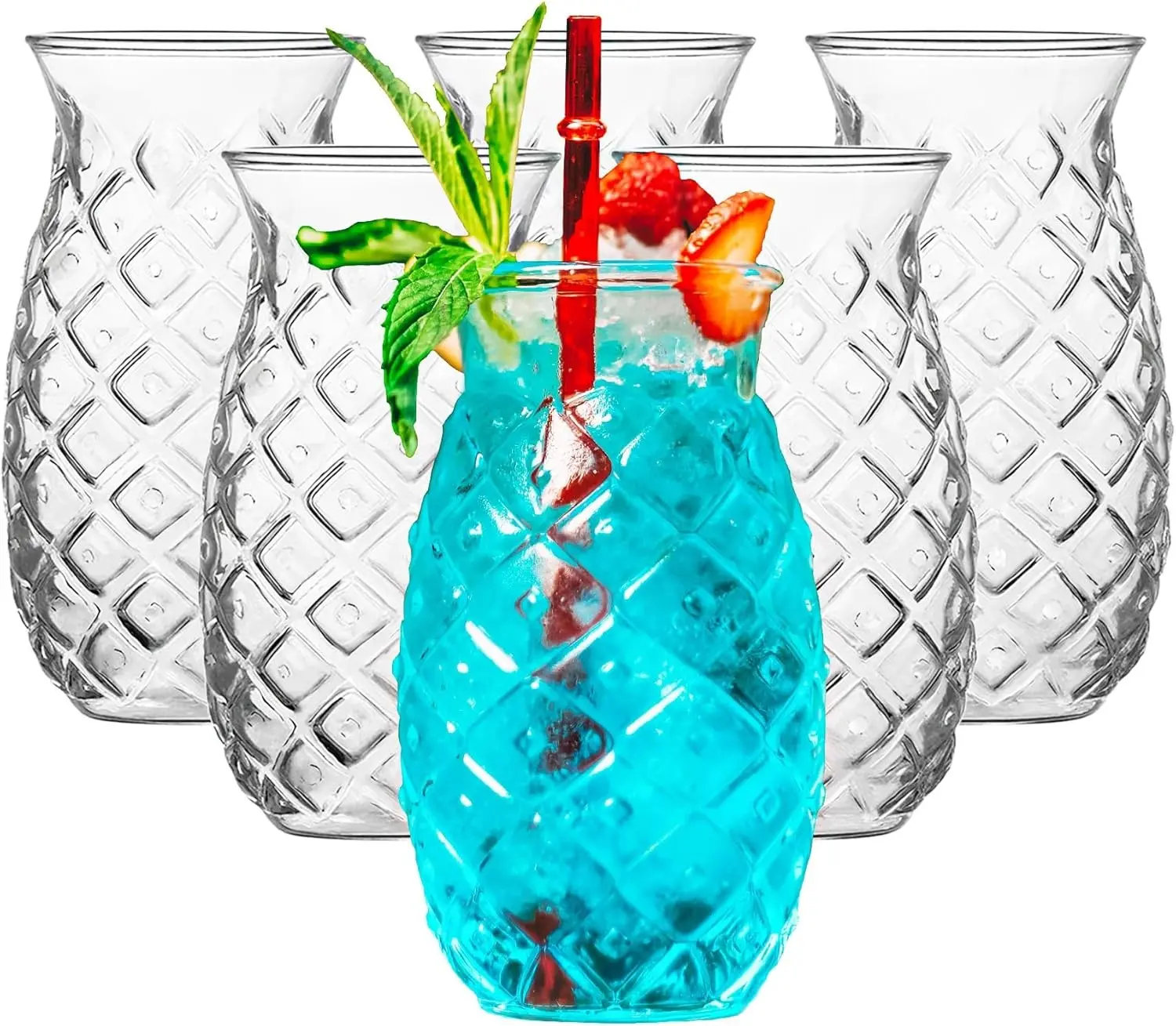 Set of 6 17Oz Pineapple Tiki Cocktail Glasses Hawaii Tropical Hurricane Drinking Barware for Bar Decor Outdoor Mixed Drink Ice Tea Wine