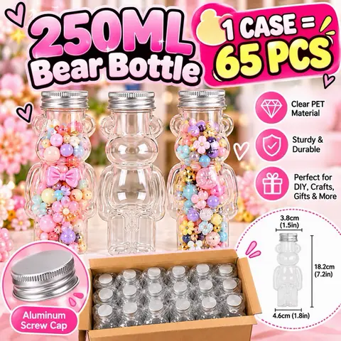 T. 65 Pack Bear Shaped Plastic Bottles with Aluminum Screw Caps, 250mL Clear PET Bottles, Bulk DIY Craft Packaging Containers