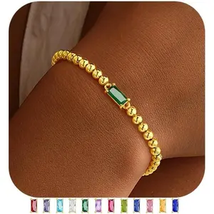 Yoosteel Mothers Day Gifts - Dainty Birthstone Bracelet for Girls Women 14K-Gold-Plated Beaded Stretch Bracelets Trendy Friendship Birthday Jewelry Gift for for Kids Teens Girls Women
