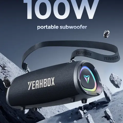 YEAHBOX P100 100W Max Wireless Compact Bluetooth 5.3 Bass Speaker, Dual DSP Digital Sound Effects, Battery-Powered, Colorful LED, Exclusive Acoustic Design, Aux/USB Connectivity, Smartphone-Compatible Indoor Sound System, Gift for Music Lovers