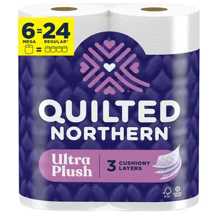 Plush Toilet Paper 6 Mega Rolls 24 Regular Rolls, 3X Thicker*, 3 Ply Soft Toilet Tissue | 3X Thicker*, Ultra Soft