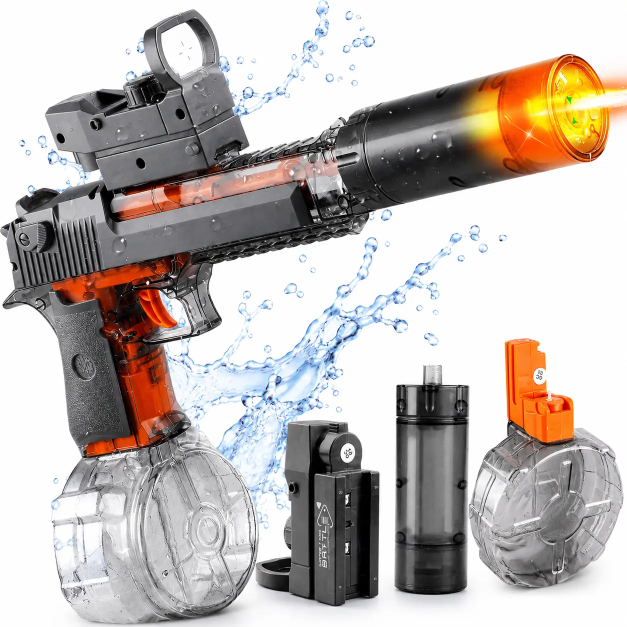 Electric Water Blaster Toy with LED Light Effects, Rechargeable Automatic Summer Water Blaster with Large Capacity Drum, Long Range Pool Beach Backyard Outdoor Toy for Kids & Teens
