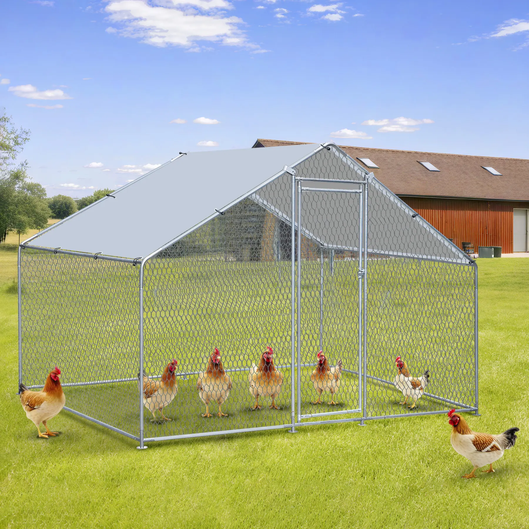 SuperDealUsa Large Metal Poultry Coop and Run, Fits 6-10 Chickens, with Waterproof Cover, Chicken Coop Enclosure for Outdoor Use, Outdoor Chicken Cage