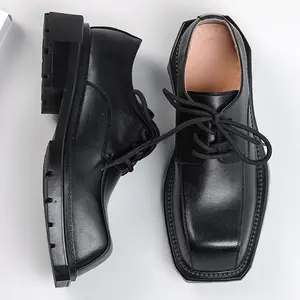 Men's Black Square-Toe Dress Shoes, Lace-Up Block Heel Height-Increasing Shoes with Stitched Detailing, Business Wedding Office Multi-Occasion Formal Shoes
