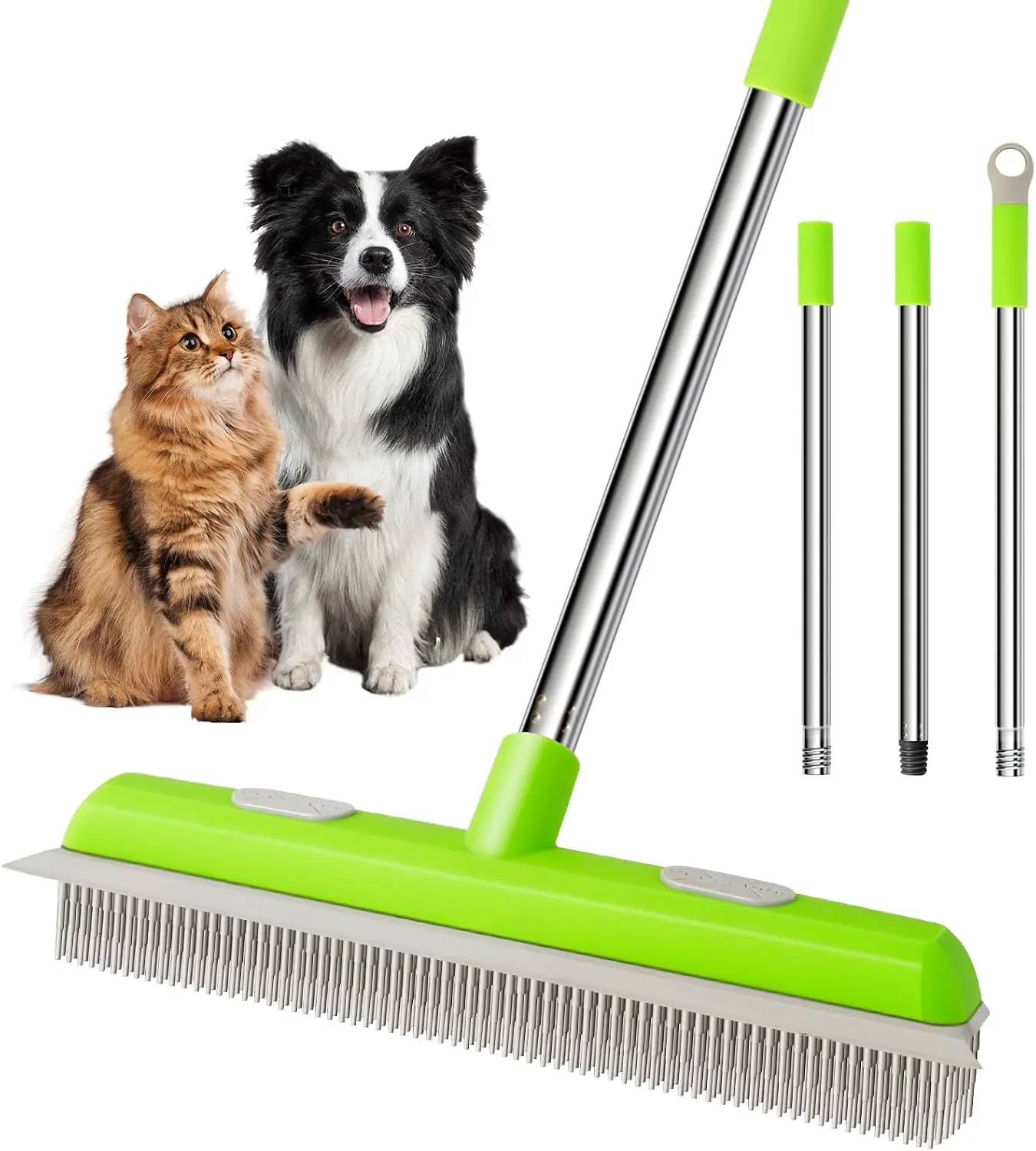 Pet Hair Removal Rubber Broom & Carpet Rake with Squeegee – 52" Adjustable Long Handle for Dog & Cat Hair, Carpet, Hardwood & Floors