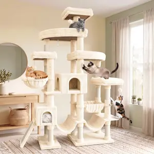 SHA CERLIN Leopard Print 82" Heavy Duty Cat Tree Tower, Multi-Level Large Cat Condo Mansion with 2 Curved Beds, XL Luxury Top Perch & Hammock, Plush Cat Play Tower for Indoor Extra Large Cats