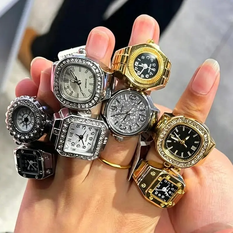 Fashion Mini Quartz Finger Watch Ring Clock for Men Women Vintage Punk Roman Quartz Watch Elastic Strap Finger Watch Ring Couple