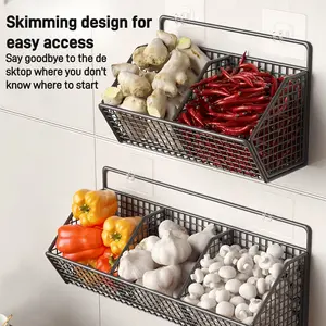 Wall Mounted Wire Fruit Basket - Kitchen & Bathroom Storage Basket with 3 Grid Hanging Design, Ideal for Fruits and Vegetables Organiser Hangable