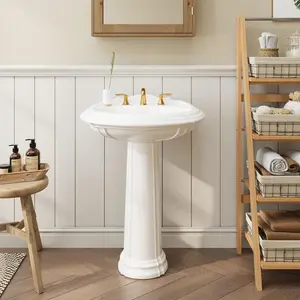 GARVEE Vintage White Ceramic Pedestal Sink 26" x 20" with Overflow and 3 Pre-Drilled Holes, Designed for 8-Inch Faucets, Ideal for Bathroom Use