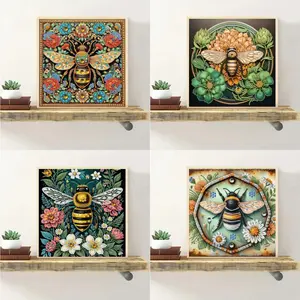 Bee & Flower Pattern Diamond Arts Colorful Painting Kit without Frame, 1pc Handcraft DIY 5D Diamond Arts Crafts Kit, Wall Art Decor for Home