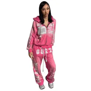 Harajuku Streetwear Retro Sportswear Two-Piece Hip Hop Rock Patch Print Loose Fit Hoodie for Men & Women, Punk Casual Sweatshirt, Sweatpants