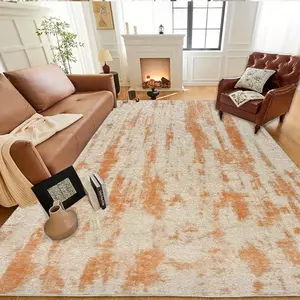 Abstract Orange Area Mat - Modern Mat with Soft Velvet Texture & Non-Slip Rubber Backin Durable Mat for Living Room, Bedroom, Large Spaces - Easy Clean, Luxury Floor Mat in Warm Brown & Orange Tones, Rugs For Living Room, Rugs, Carpet, Rugs For Bedroom