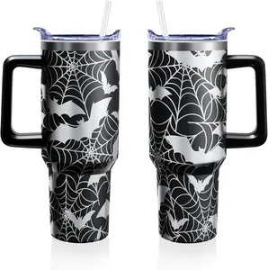 Halloween 40 oz Tumbler with Lid Handle and Straw Spider Web Bats Stainless Steel Double Walled Insulated Cup Halloween Travel Mug Water Bottle Gifts for Men and Women (1PC)