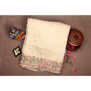 Fancy Threadwork Saree - Light Yellow Color Floral Design