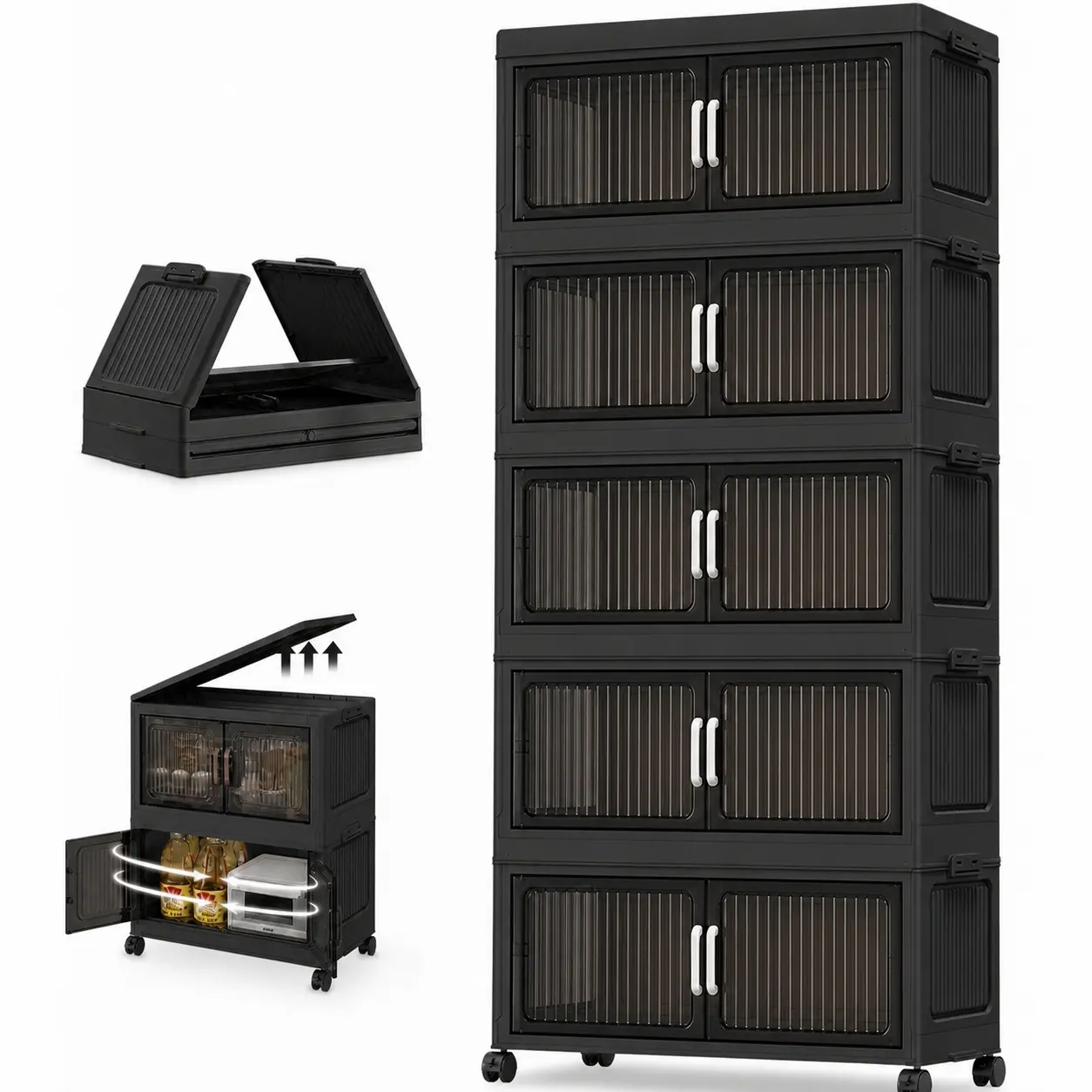 Layer Visible Fold Plastic Storage Cabinet Silent Universal Wheels Freely Stack Dustproof Double Door Multifunctional Home Storage Cabinet
