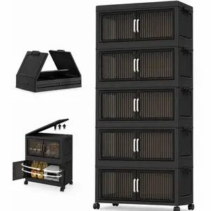 Layer Visible Fold Plastic Storage Cabinet Silent Universal Wheels Freely Stack Dustproof Double Door Multifunctional Home Storage Cabinet