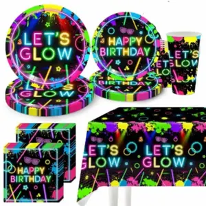 This 51-piece disposable tableware set from the Neon Party brand includes 10 dinner plates, 10 dessert plates, 10 paper cups, 20 napkins, and one tablecloth. This convenient tableware set is perfect for camping, picnics, garden barbecues, weddings, and bi