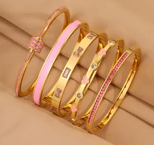 5PCS Bracelet Set for Women with Pink Diamonds Heart Design Slim Waist Single-Row Stackable Elegant Jewelry Bracelet JewelryGift for Girlfriend Wife for Parties, Gatherings Christmas and Birthday Gifts