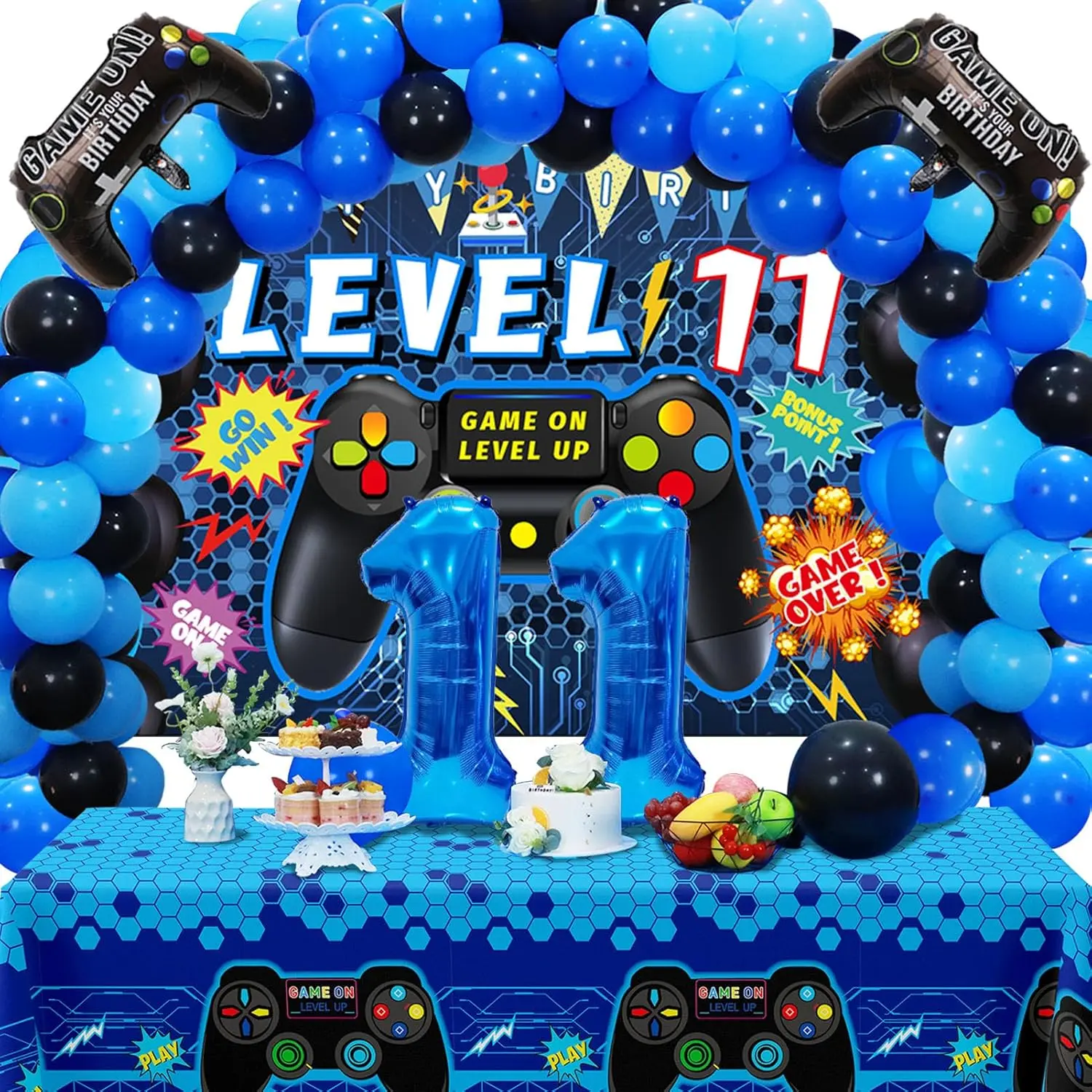 90 Pcs 11th Birthday Video Game Party Decorations for Boys with Balloons, Backdrop, Cake Toppers
