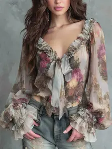 Women's Boho Deep V Neck Blouse, Floral Print, Ruffles, Ruched Design, Loose-Fit, Long Sleeve, Elegant Summer Shirt, Comfortable & Breathable