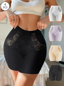 4PCS women’s high-waisted lace shapewear shorts set — soft, stretchy, breathable tummy control boyshort panties with full coverage and anti-chafing protection; suitable for everyday wear, dresses, skirts, work, travel, and lounging