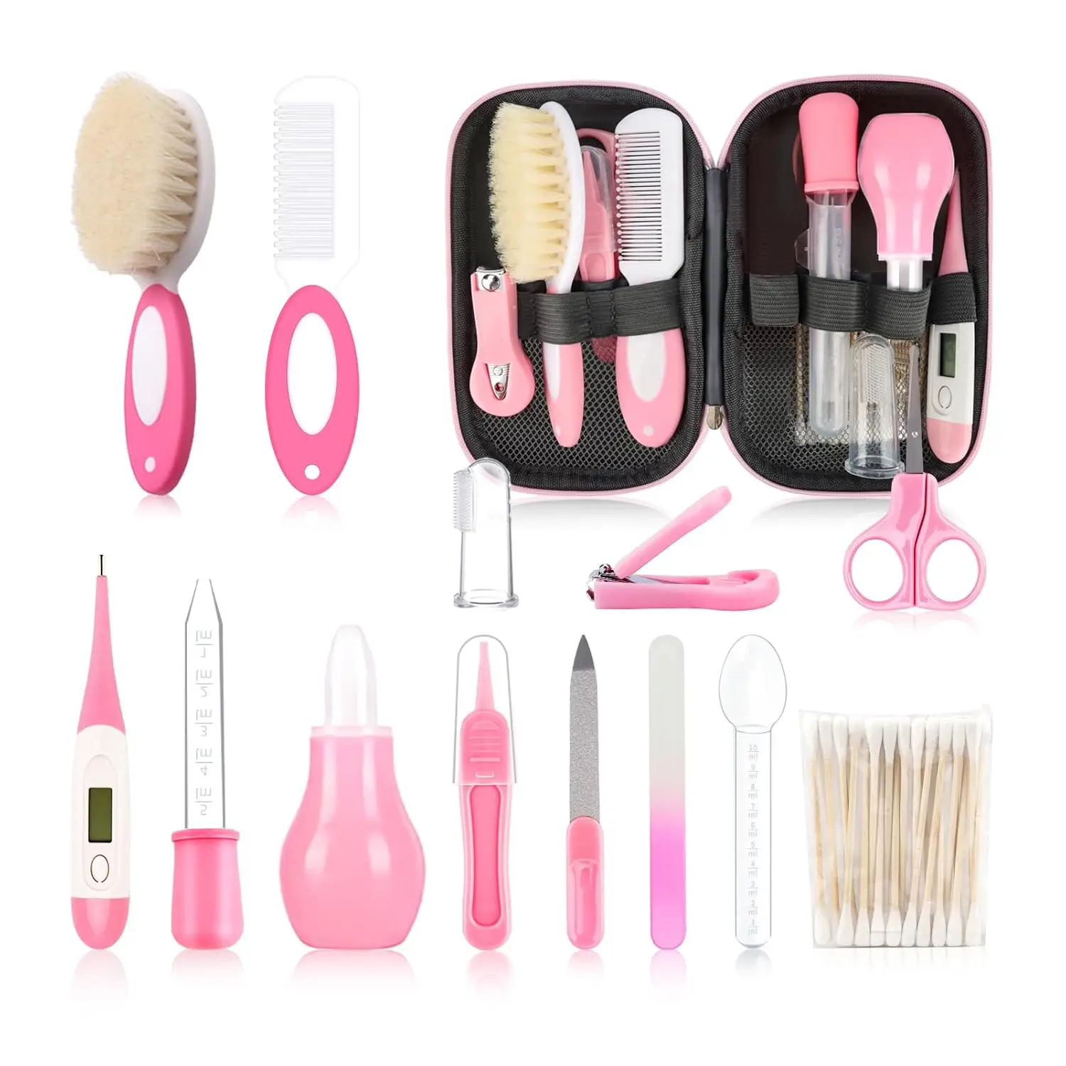 14 PC Baby Grooming Kit – Infant Safety Care Set with Hair Brush, Comb, Nail Clipper & Nasal Aspirator, Baby Essentials for Newborn Boys & Girls, Pink