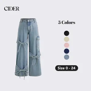 Cider Low Rise Wide Leg Jeans – Stretchy Denim Pants with Bowknot Pockets, Spring Back-to-School & Daily Casual Jeans for Women
