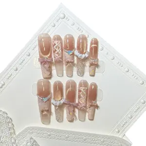 Hailey's long coffin ballerina cateye french tips bow luxury acrylic handmade press on nails A24