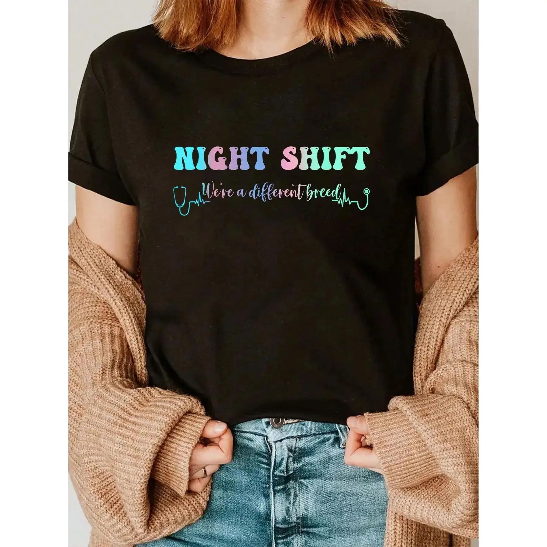 GGOR Women's "Different Breed" Nurse Graphic Tee, 100% Cotton Drop Shoulder Top with Stethoscope Print for Night Shift, Shortsleeve, Casual Wear, All Seasons, Stetho Print, Different Breed Stethoscope Print