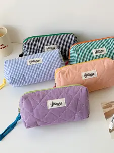 Korean Style Student Colorblock Plaid Pencil Case, Fashion Simple Design Girl Stationery Storage Bag, Large Capacity Cosmetic Organizer, Office School Supplies