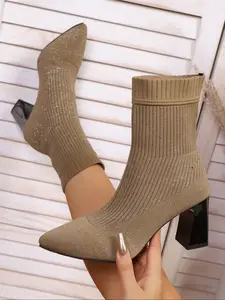 Women's Knitted Elastic Sock Boots, Pointed Toe Chunky Heel Short Booties, Fashion Slimming High Heels, Multi-Color Versatile Commuter Shoes