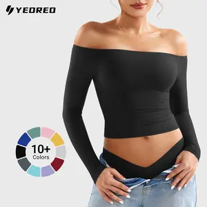 YEOREO Sophie Women Off Shoulder Long Sleeve Shirts Double Lined Basic Undershirt Y2K Going Out Tops Casual Cute Womenswear summervibes Black Blouse