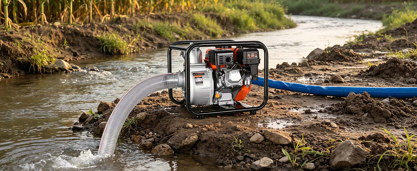【Summerfinds】VEVOR 3-in Gas Powered Semi-Trash Water Transfer Pump, 7 HP Power, 264 GPM, Cast Iron Impeller, Heavy Duty Frame, 25 ft Discharge Hose, Anti-Vibration Pads, for Ponds, Drainage, Floodwater