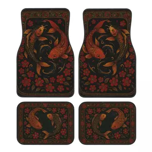 Traditional Japanese Patterns Car Floor Mats 4 Pcs Universal Front and Rear Foot Mats with Non-Slip Rubber Backing Auto
