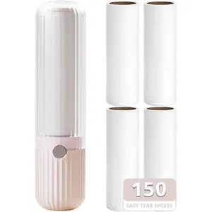 Compact Lint Roller with 150 Sheets - Portable Pet Hair Remover for Clothes, Furniture, and Travel Essentials Household Use, 1 Handle+5 Roller Refills (Pink)