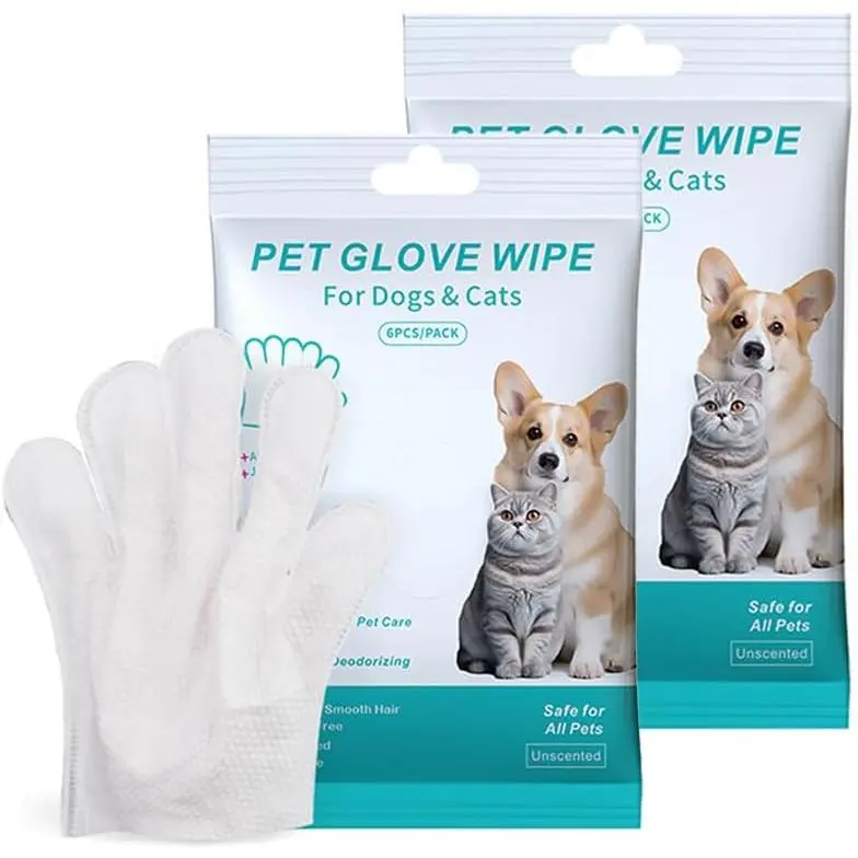 Pet Cleaning Gloves No-Rinse Wipes for Dogs & Cats Face Ears Paws Cleaning 6 Single-Use Gloves No Water Required Grooming Apple Oil Magic Cleaner