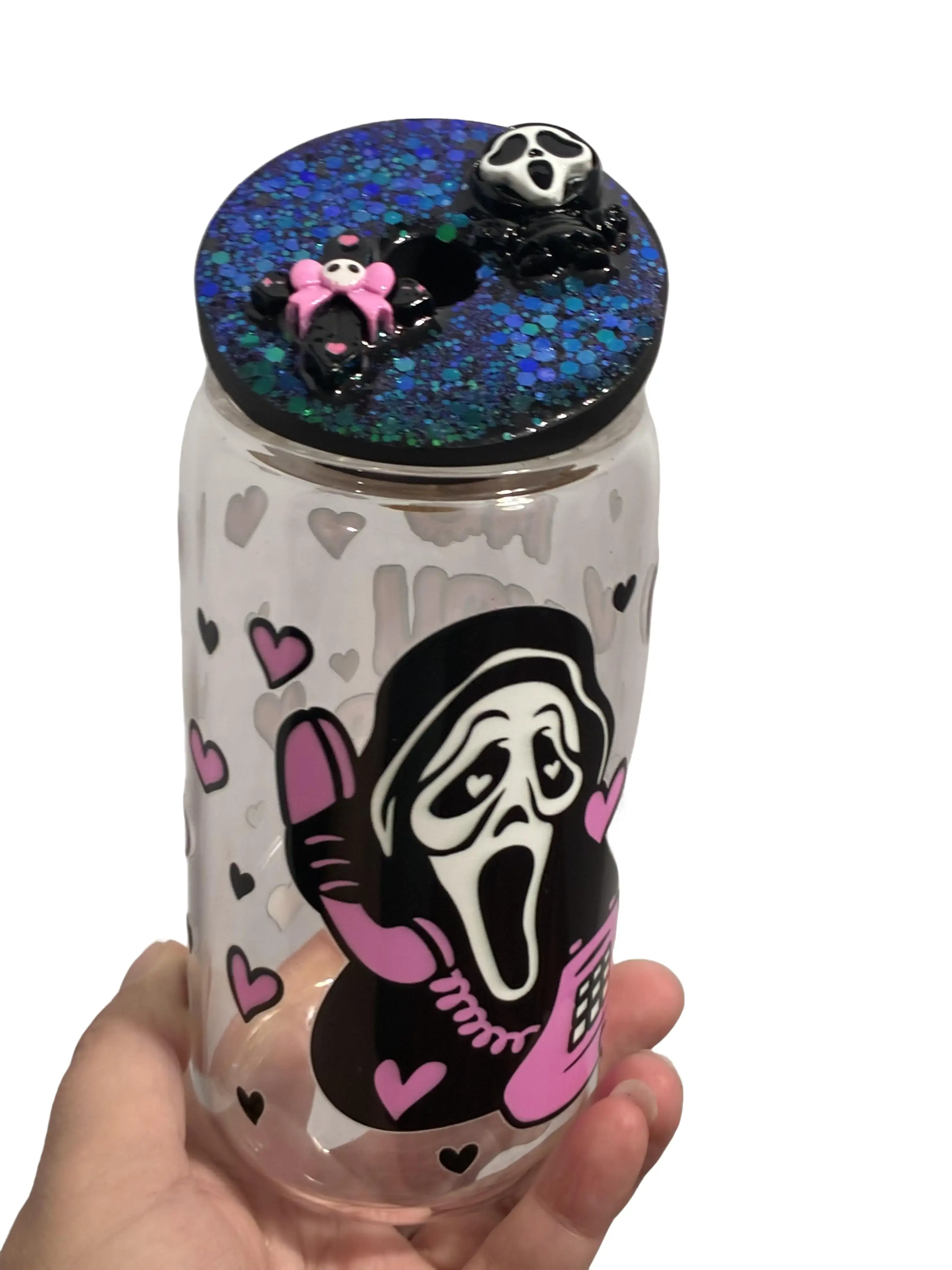 Halloween Glass Cup 16oz - Durable Premade Design with Spooky Skeleton Artwork for Festive Drinks