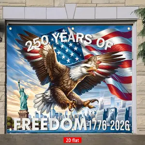 2D Flat Banne 1pc, USA 250th Anniversary Garage Door Decoration Banner | Polyester Material, Spread Eagle Skyline Pattern, Happy 4th of July Hanging Sign Suitable for Single Door Garage, Indoor and Outdoor Wall Decor