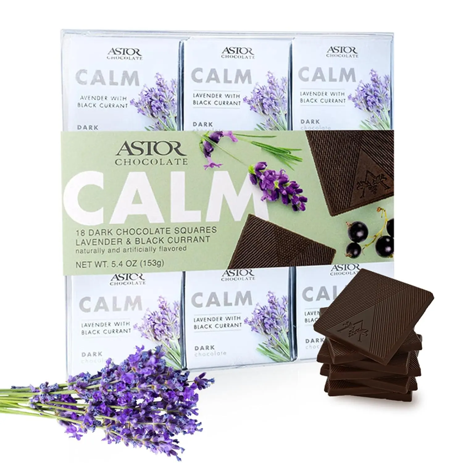 Astor Chocolate Calm Collection – Dark Chocolate Lavender & Black Currant Squares, 18 Individually Wrapped Belgian Chocolate Mini Bars Gift Box, 5.94 oz
