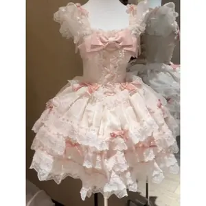 Japanese Sweet Lolita Kawaii  Fluffy Dress Women JK Lovely Ballet Princess Cake Dresses Harajuku Lace Bow Patchwork Cute Outfit