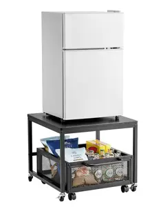 Compact Mini Fridge Stand With Integrated Storage Shelf, Heavy-Duty Rolling Cart Supporting 198 Lbs, Swivel Locking Wheels, Black Finish, Space-Saving Kitchen Or Office Beverage Cooler Stand, Easy Assembly