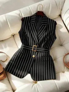 Striped Fashion Blazer Jacket Lapel Sleeveless with Belt Fit, Stylish Women's Outerwear, Perfect for Casual and Formal Occasions