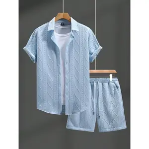 Men's vacation casual style, 2-piece set per day, button up shirt and shorts men's clothing black pants